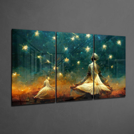 Meditation under stars 3-panel glass wall art set on a plain gray wall