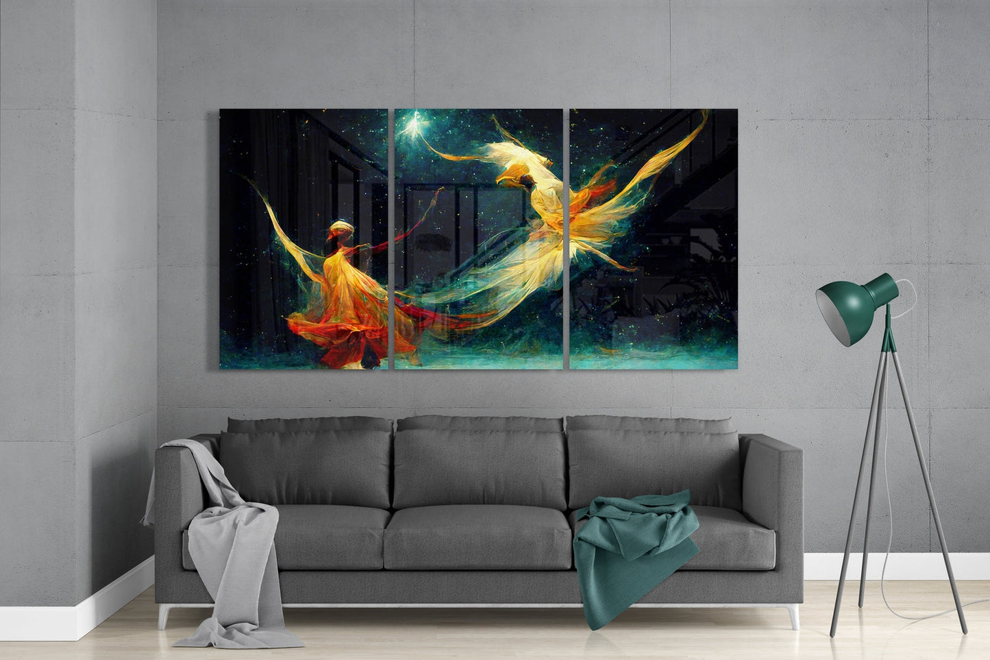 Whirling dancers in fiery robes glass wall art set above a gray sofa beside a tripod floor lamp