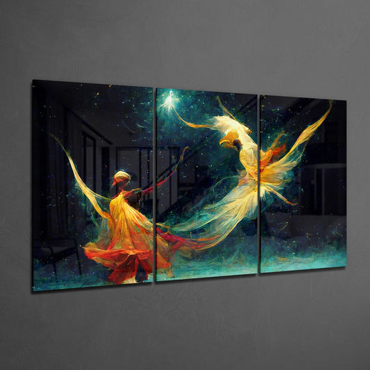Whirling dancers in fiery robes 3-panel glass wall art on a gray wall, light reflecting off the glossy fronts