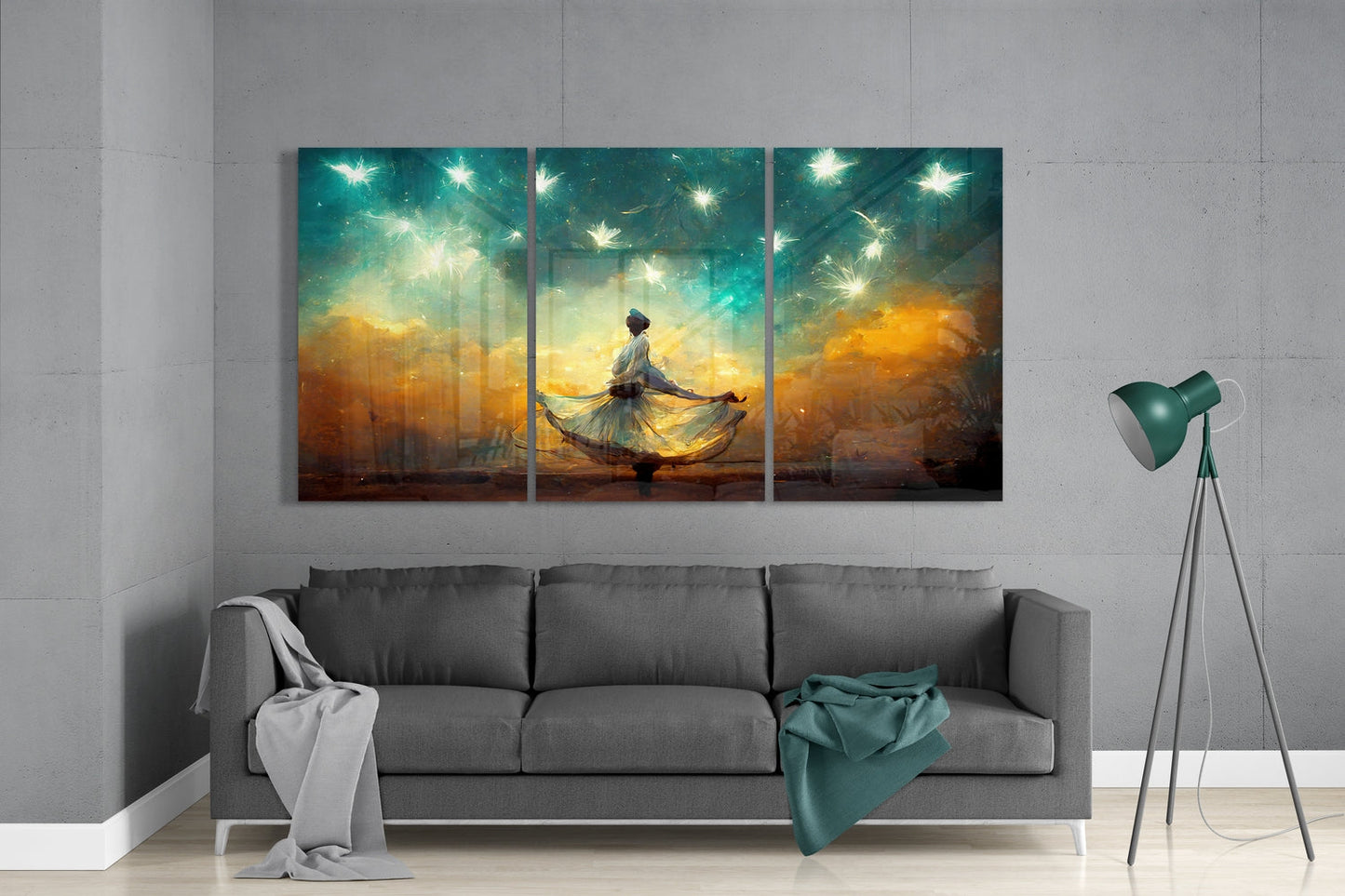 Dancer under a starry teal sky glass wall art set above a gray sofa beside a tripod floor lamp