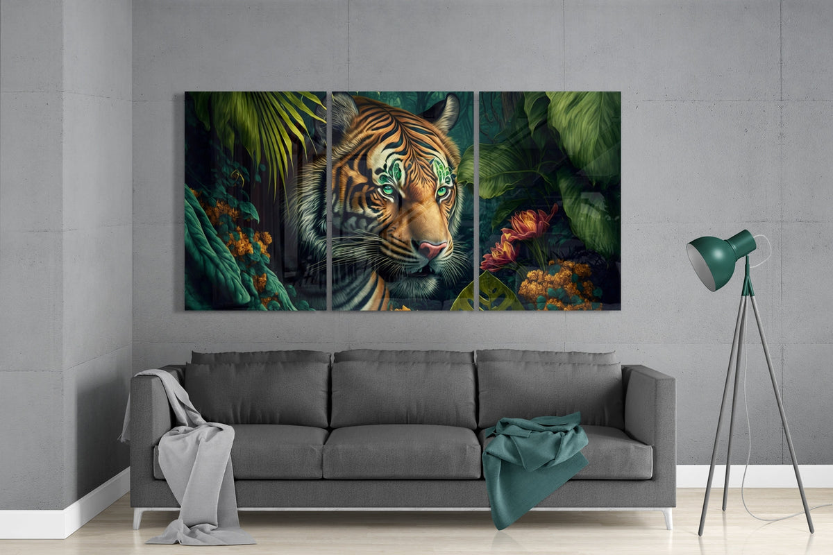 Tiger in tropical jungle glass wall art set above a gray sofa beside a tripod floor lamp