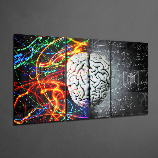Brain with light trails and math formulas 3-panel glass wall art set on a gray wall