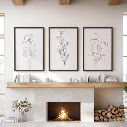 Modern Botanical Line Art Wall Art Set of 3 Floral Prints