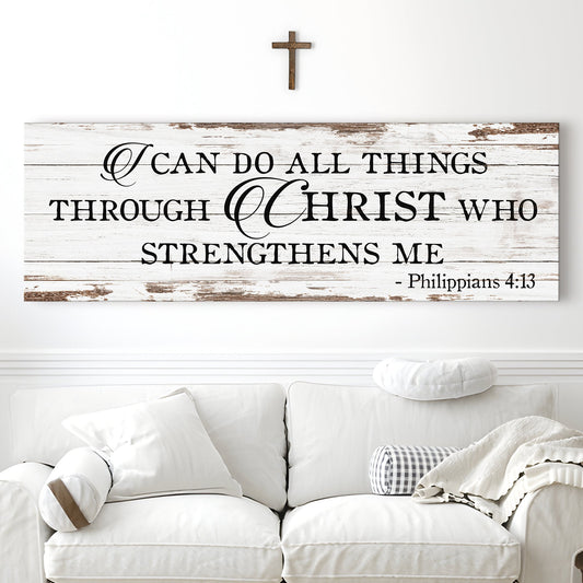 Philippians 4:13 White Shiplap-Look canvas shown in a styled room setting, view 2