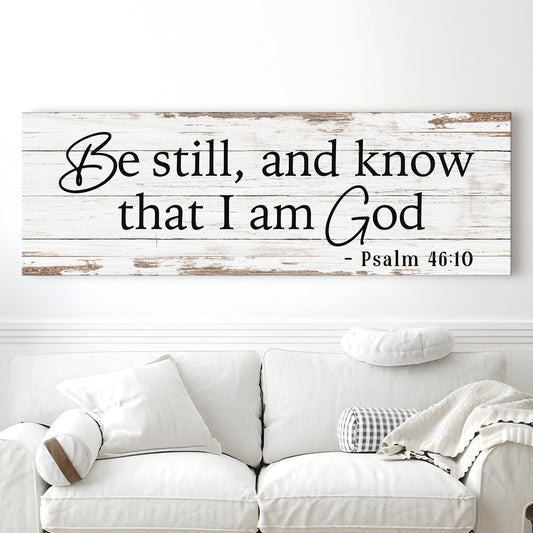 Psalm 46:10 Be Still and Know Distressed White canvas shown in a styled room setting, view 2