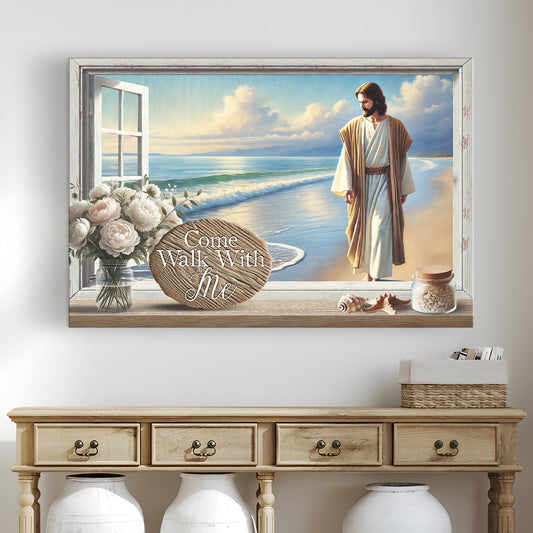 Come Walk With Me Jesus and White Peonies canvas shown in a styled room setting, view 2