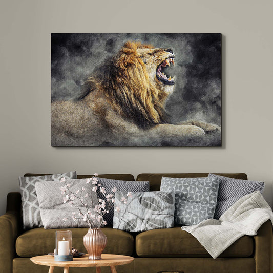 Roaring lion on dark smoke canvas hanging above a brown sofa with patterned pillows