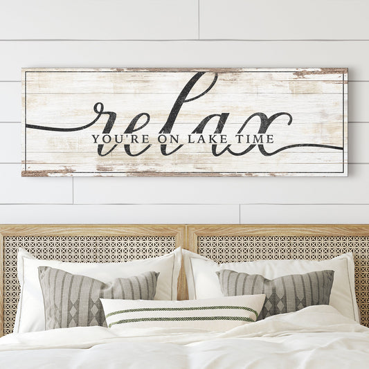 Relax You're on Lake Time Black Script canvas shown in a styled room setting, view 2