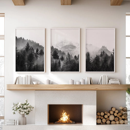 Misty Mountain Forest Wall Art Set of 3 Black and White