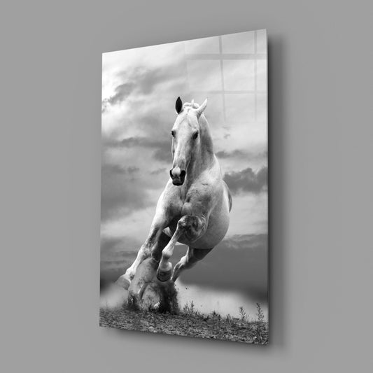 Black and White Running Horse Glass Wall Art