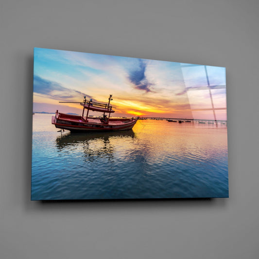 Sunset Harbor Boat Glass Wall Art