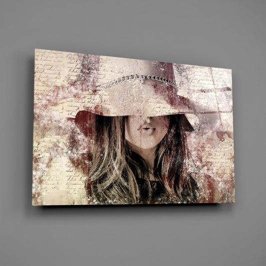 Girl In Retro Hat Glass Wall Art