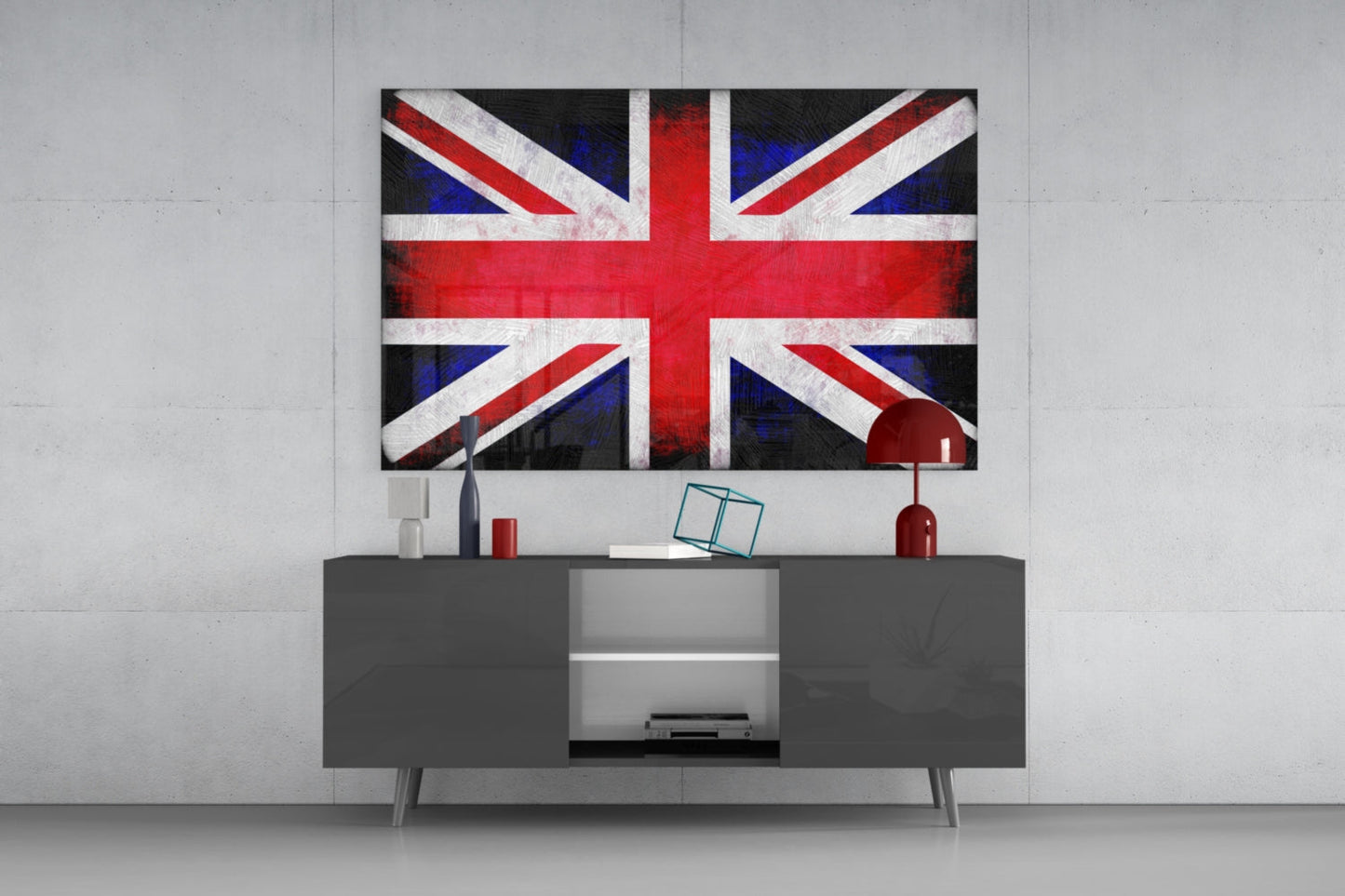 United Kingdom grunge flag glass wall art above a dark gray sideboard against a pale concrete wall