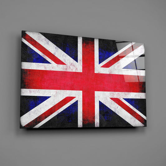 United Kingdom grunge flag glass wall art on a gray wall, light catching the glossy glass surface