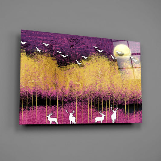 Birds and Deer Fantasy Glass Wall Art
