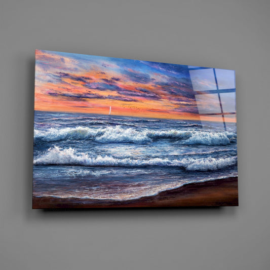 Crashing Waves Sunset Glass Wall Art