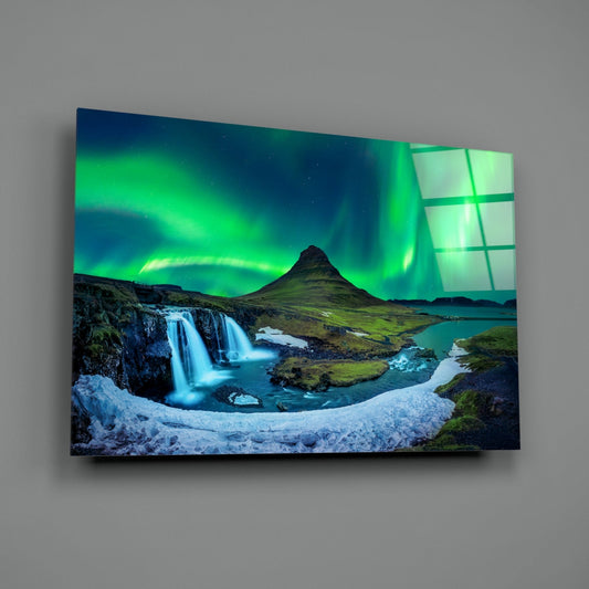 Northern Lights Glass Wall Art, Aurora Over Iceland Mountain