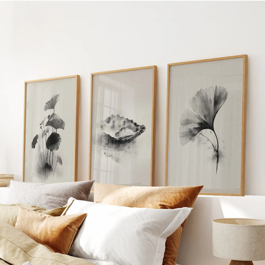Japanese Botanical Wall Art Set of 3 Black and White Flowers