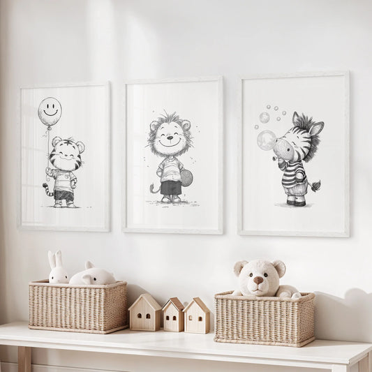Black and White Safari Nursery Wall Art Set of 3 - Lion, Tiger, Zebra