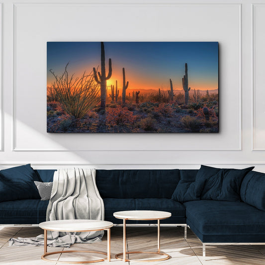 Saguaro Cactus Desert Sunset canvas shown in a styled room setting, view 2
