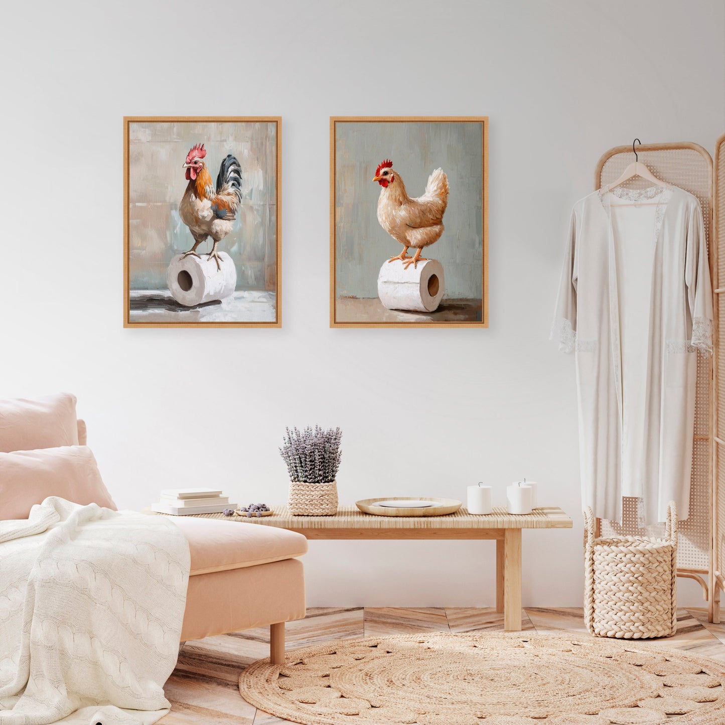 Chicken and Rooster Bathroom 2 Piece Framed Canvas Art Set