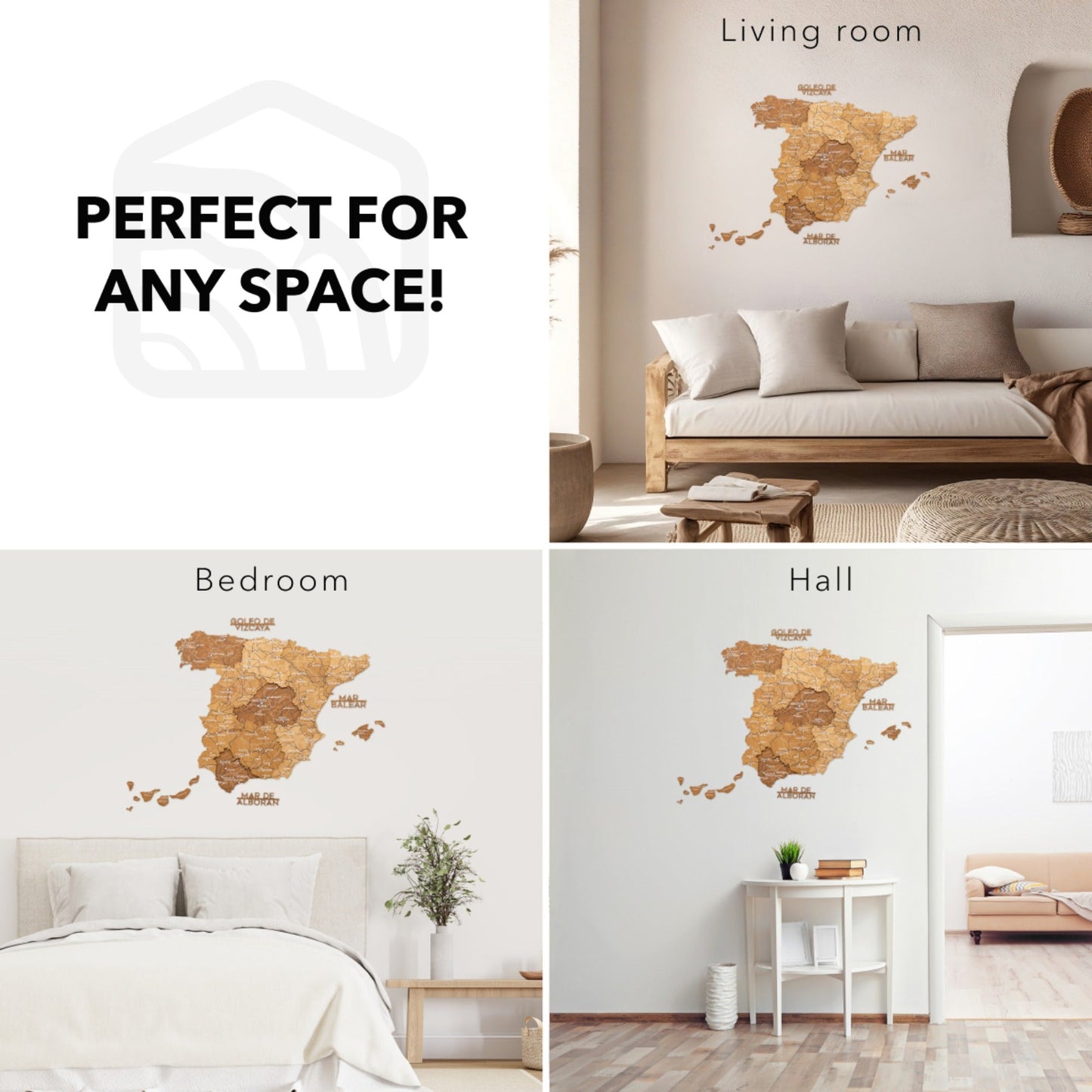 Wooden Map Of Spain Wall Art - Oak