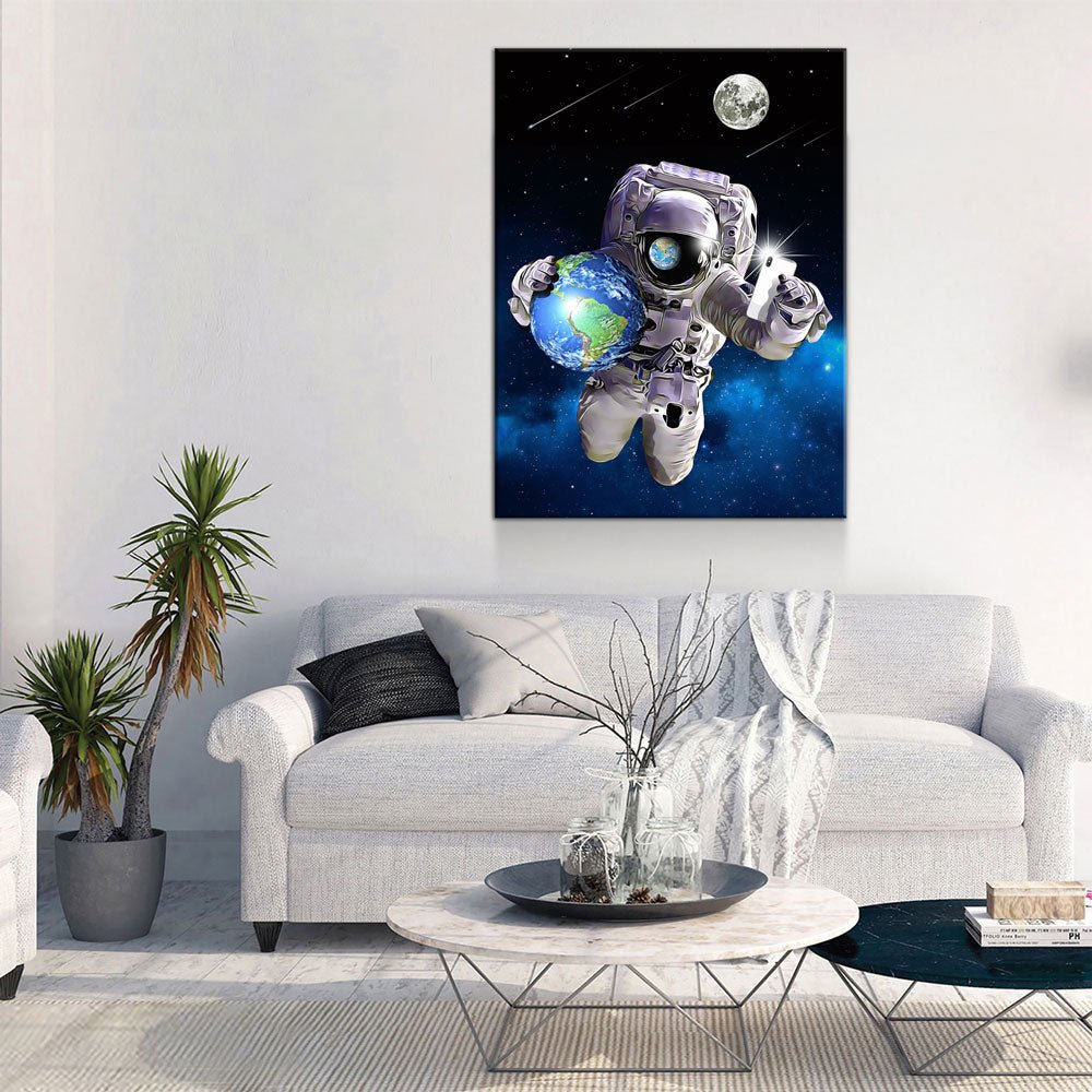 Save The World Selfie Canvas Wall Art - Astronaut Space Decor