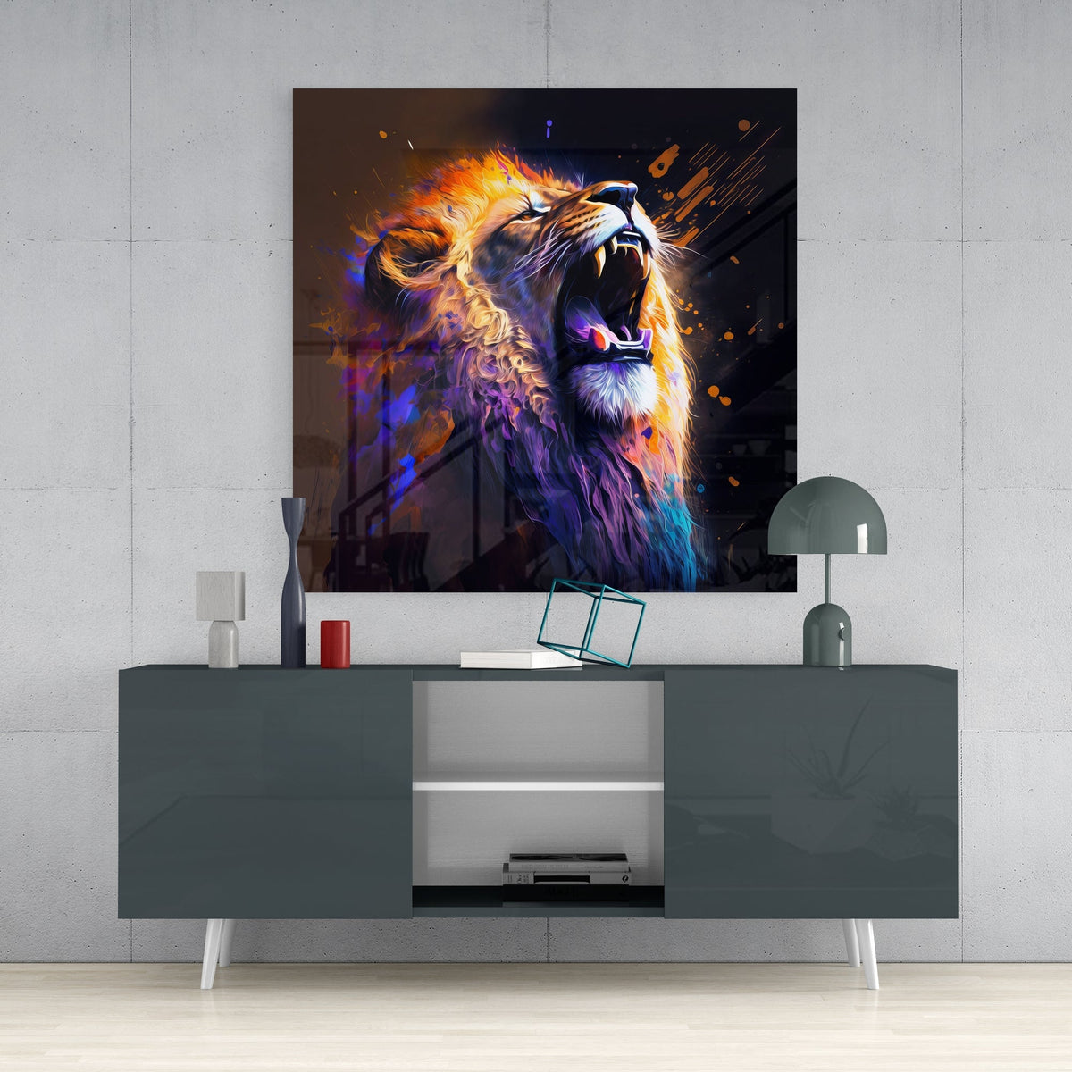 Roaring lion glass wall art on a concrete wall above a dark gloss sideboard with a dome lamp