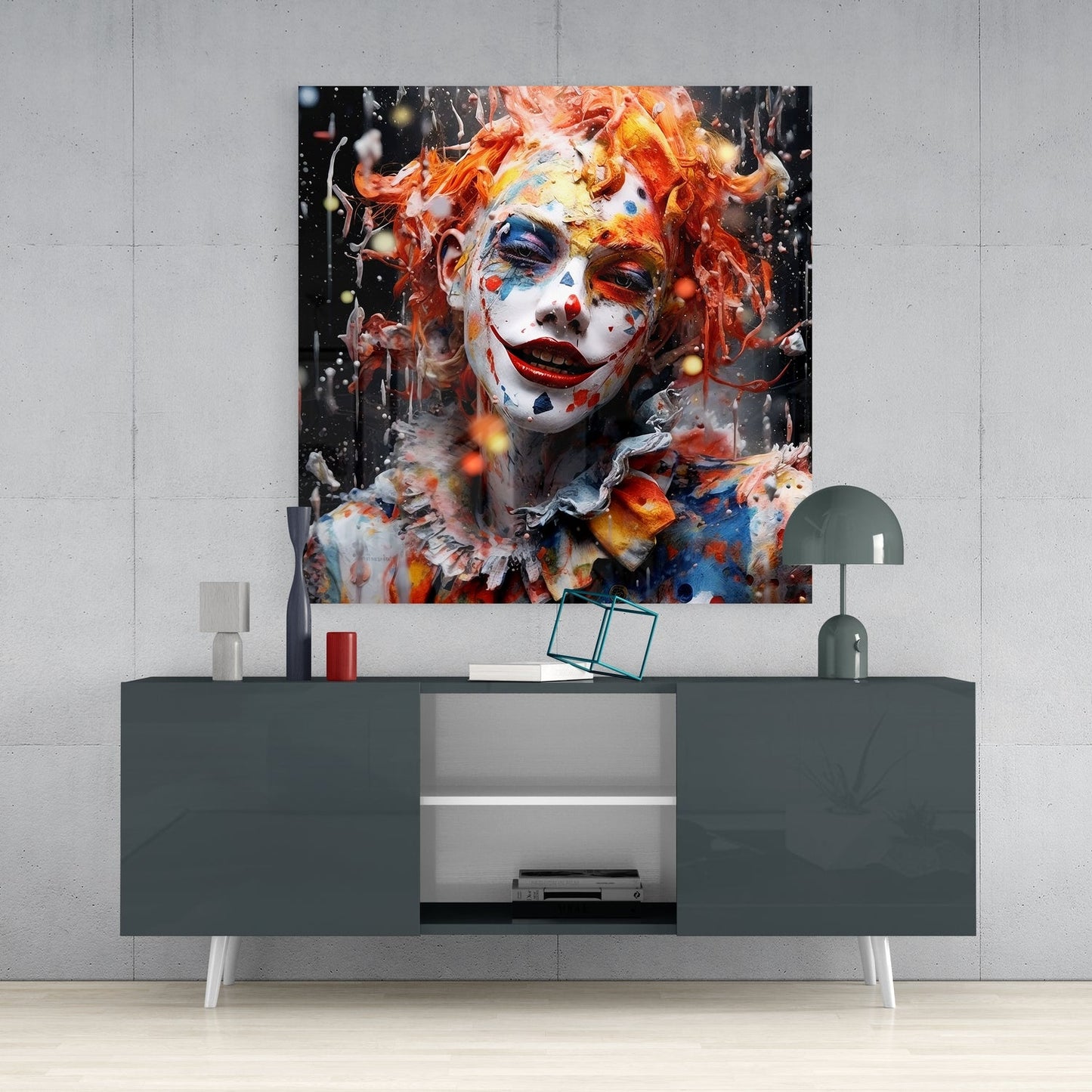 Circus Face Orange Hair Paint Splash Glass Wall Art