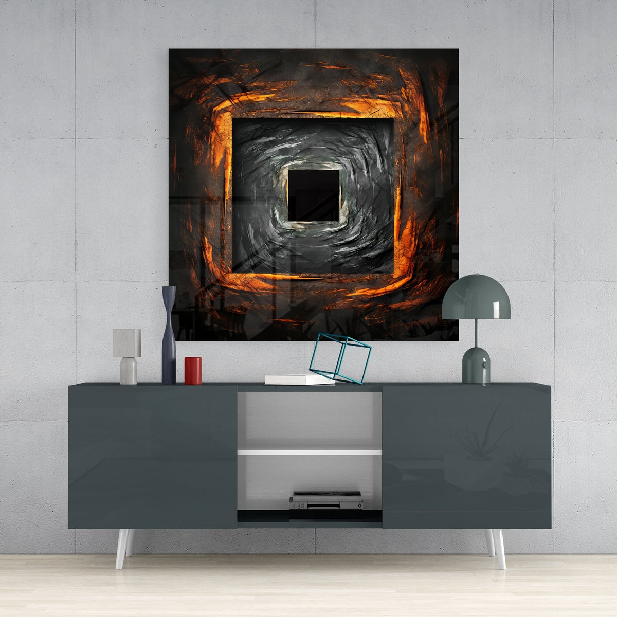 Fiery square tunnel abstract glass wall art above a gray console with a small lamp