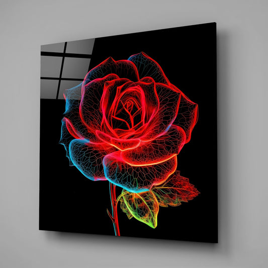 Red neon wireframe rose on black glass wall art on a gray wall with a window reflection in the glossy front
