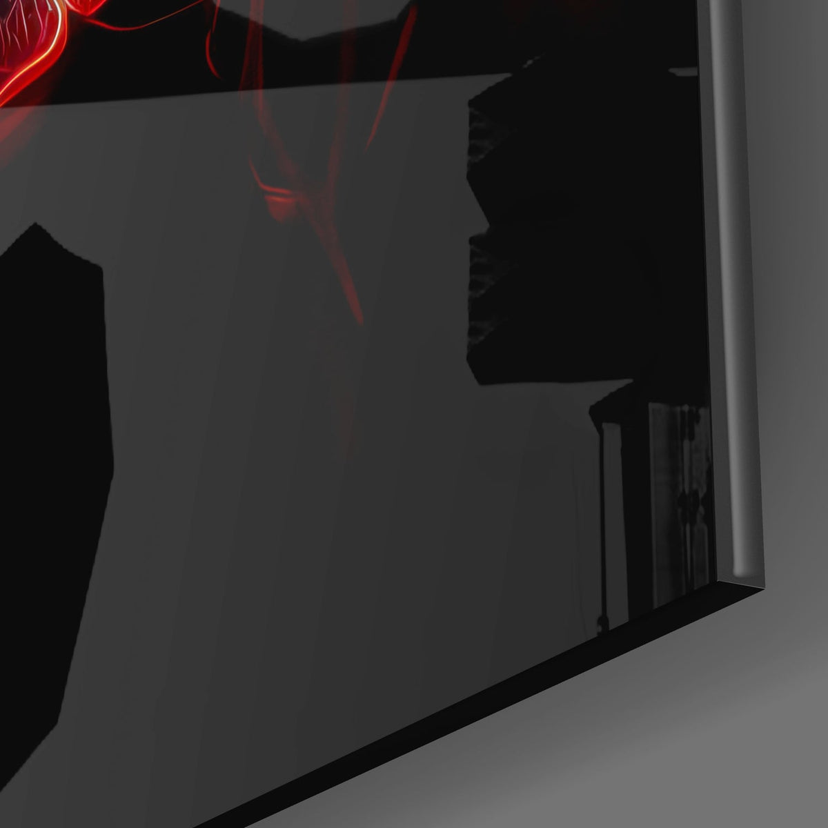 Close-up of the glossy glass edge on the multicolor red rose piece, showing red and teal glow