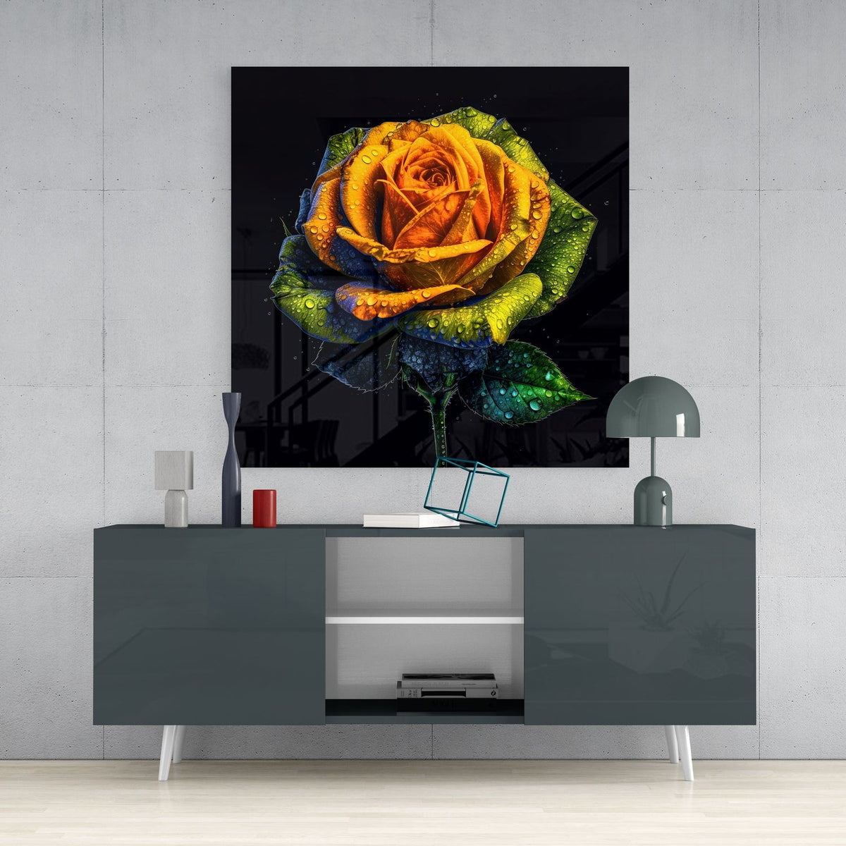 Dewdrop orange rose square glass wall art above a dark gray sideboard with a dome lamp