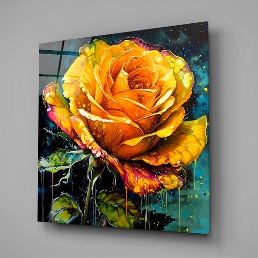 Golden rose with teal paint drips glass wall art on a gray wall with a window reflection in the glossy front