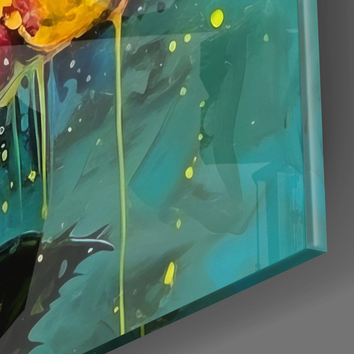 Close-up of the glossy glass edge on the golden rose piece, showing teal paint drips