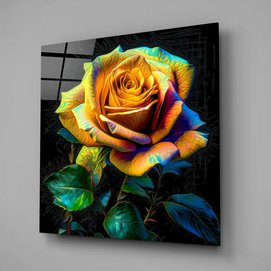 Golden neon glow rose glass wall art on a gray wall with a window reflection in the glossy front