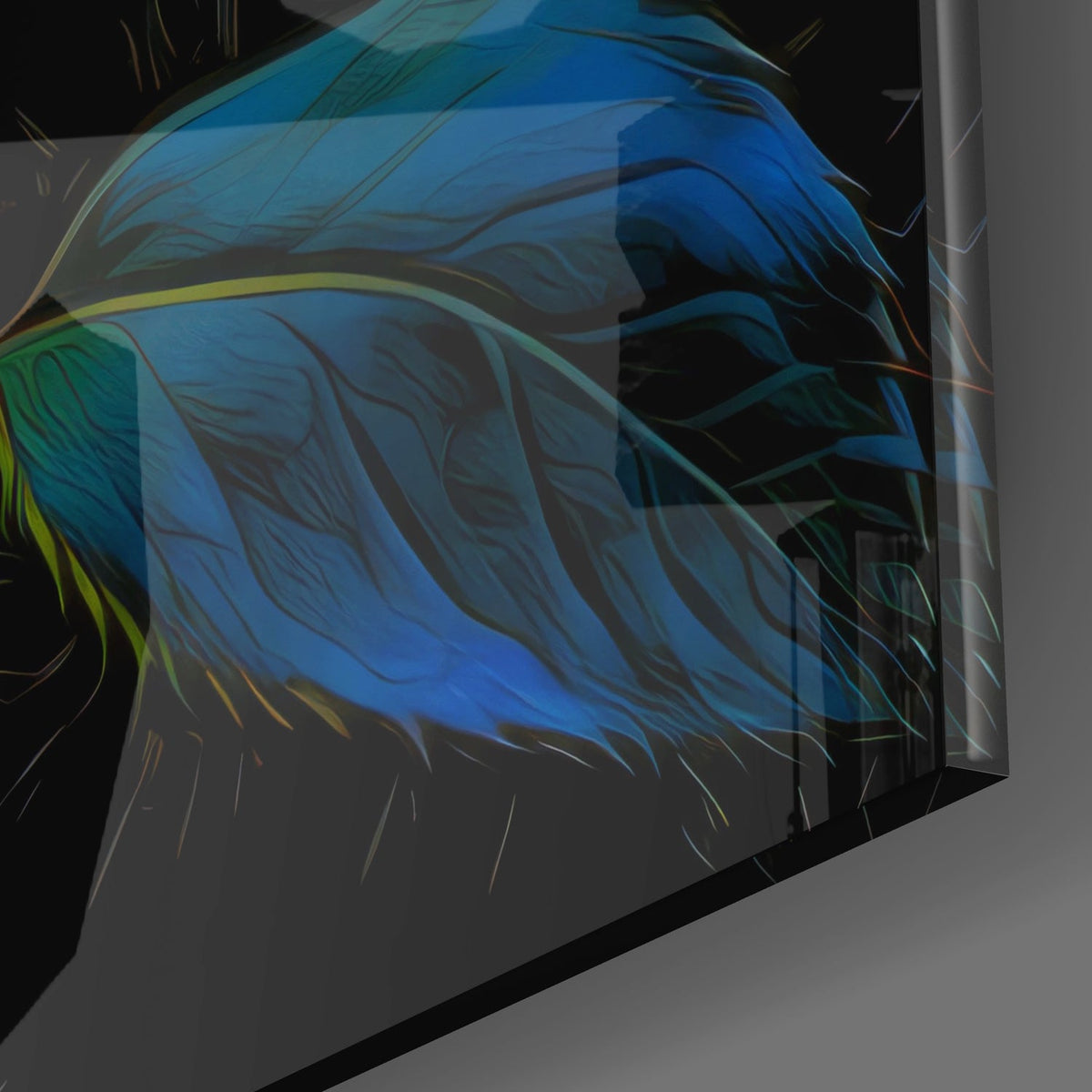 Close-up of the glossy glass edge on the golden glow rose piece, showing teal and blue leaves