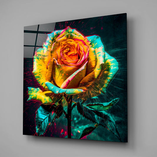 Yellow rose with pink splatter glass wall art on a gray wall with a window reflection in the glossy front