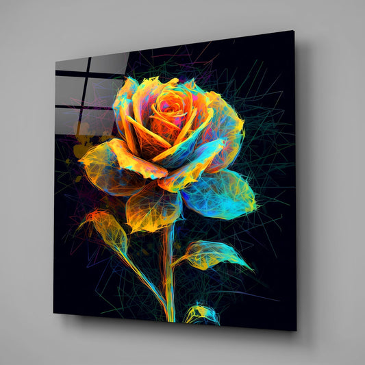 Multicolor scribble line rose glass wall art on a gray wall with a window reflection in the glossy front