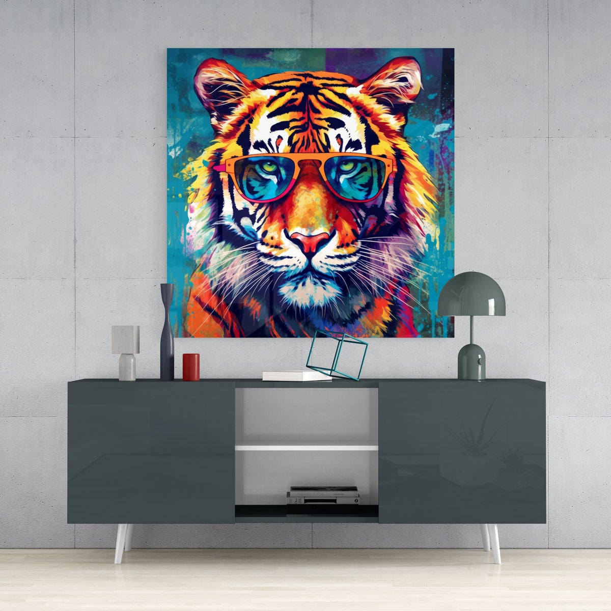 Teal pop art tiger glass wall art on a concrete wall above a dark gloss sideboard with a dome lamp