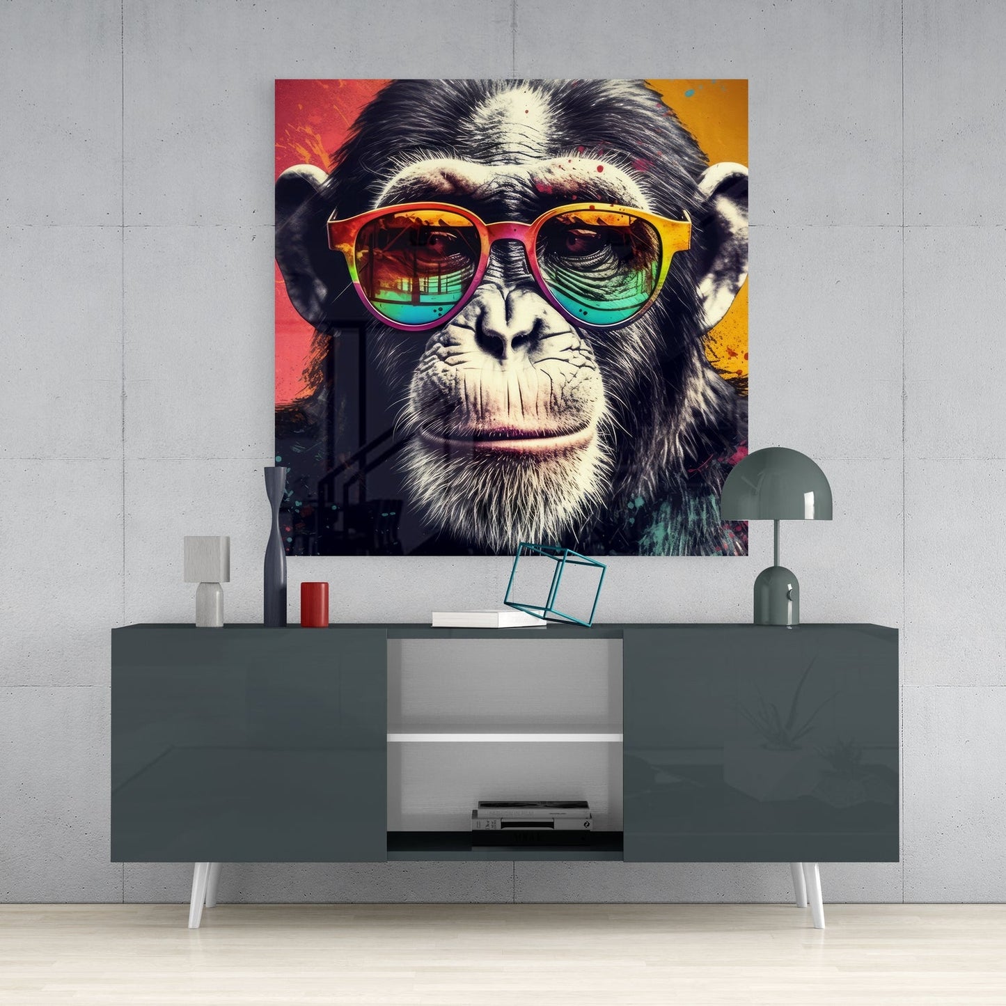 Chimpanzee in sunglasses glass wall art above a dark gray sideboard with a dome lamp on a concrete wall