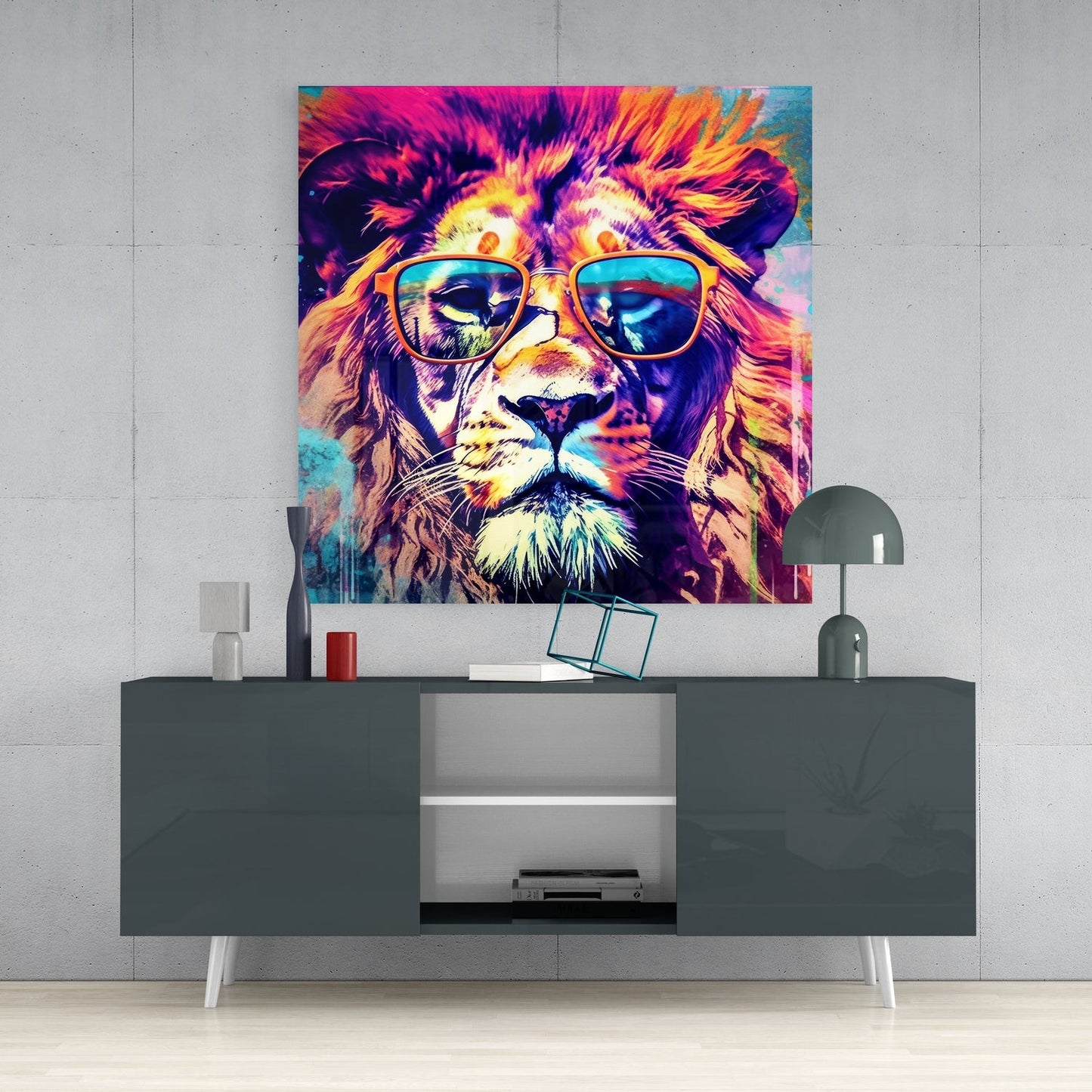 Lion in sunglasses glass wall art above a dark gray sideboard with a dome lamp on a concrete wall