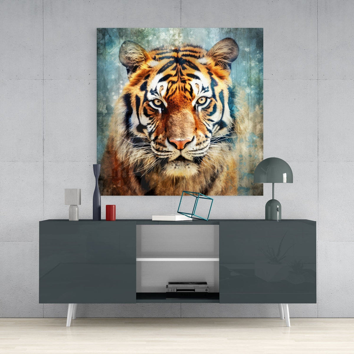 Square tiger face glass wall art above a dark gray sideboard with a dome lamp