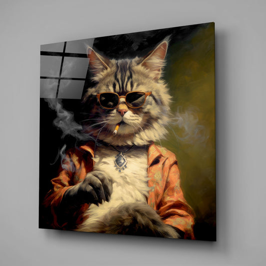 Smoking cat in sunglasses glass wall art on a gray wall with window light reflected in the glossy glass