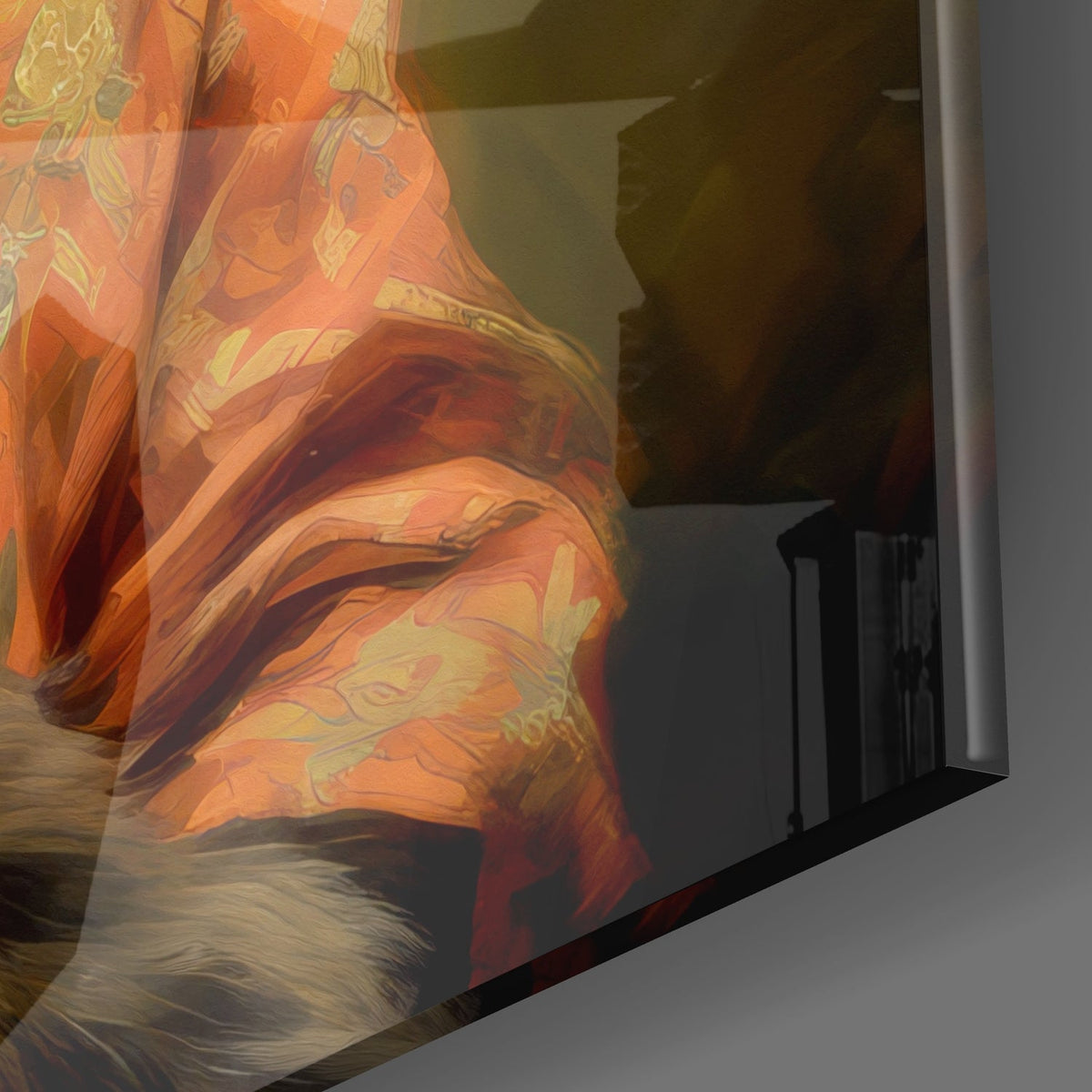 Close-up of the glossy tempered glass edge on the smoking cat in sunglasses glass wall art