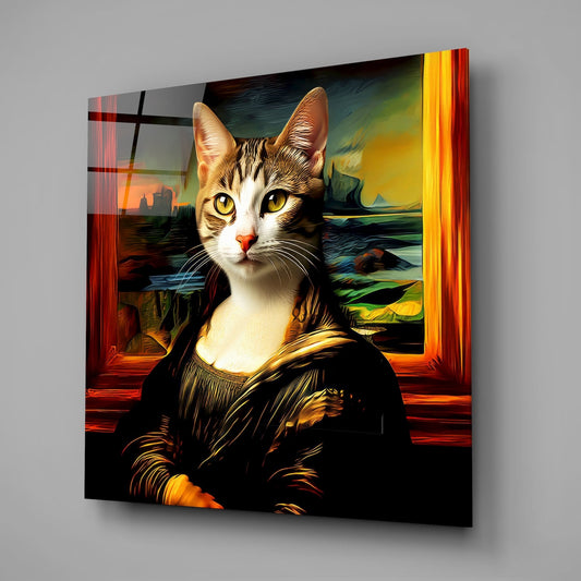Renaissance style cat glass wall art on a gray wall with window light reflected in the glossy glass