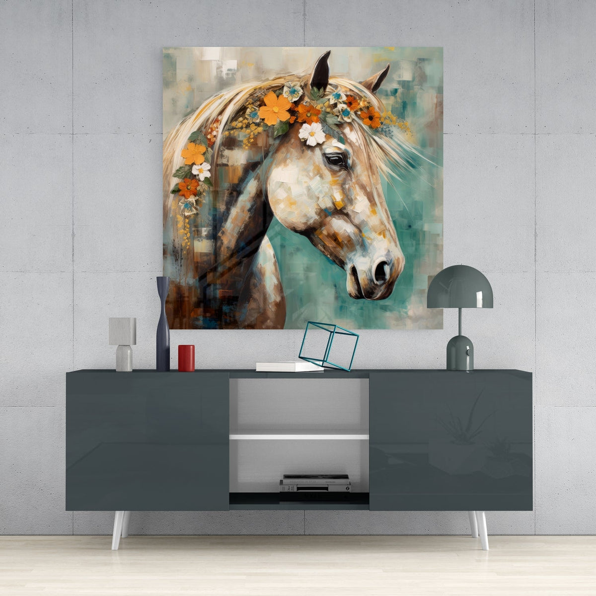 Flower crown horse square glass wall art on a concrete wall above a dark gray sideboard