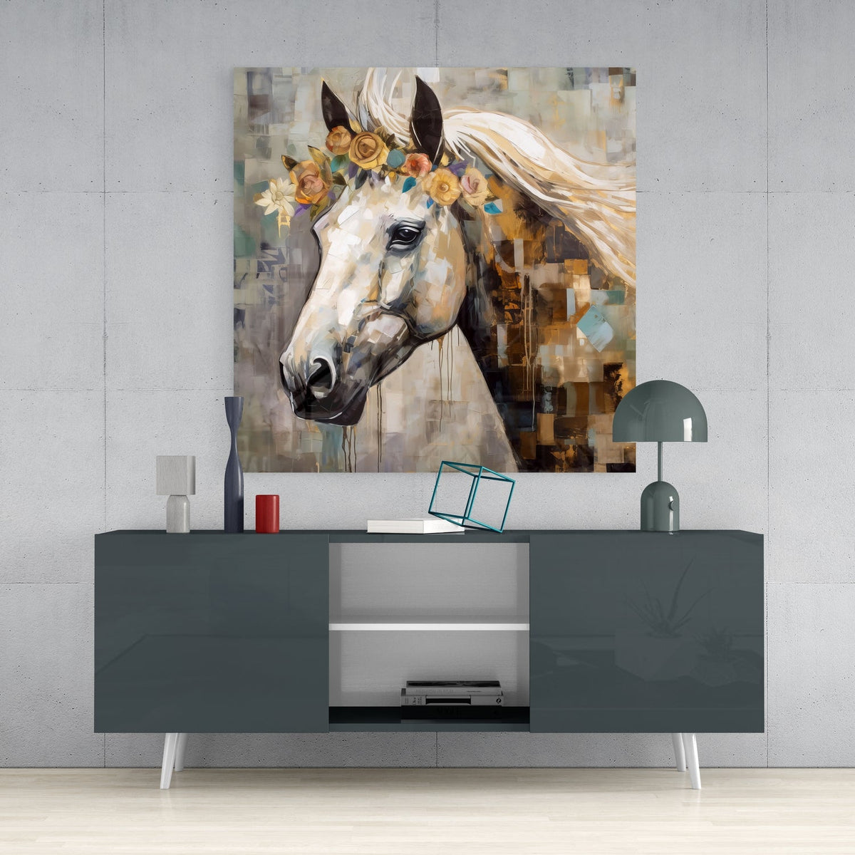 White horse with golden roses glass wall art above a dark gray sideboard with a dome lamp