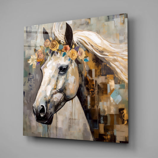White horse with golden roses glass wall art on a light gray wall