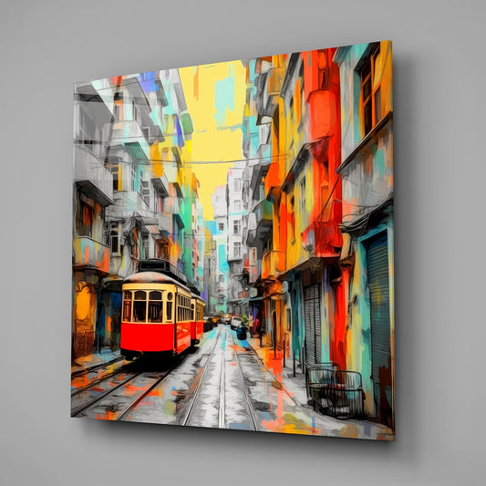 Red tram on a colorful street square glass wall art on a plain gray wall